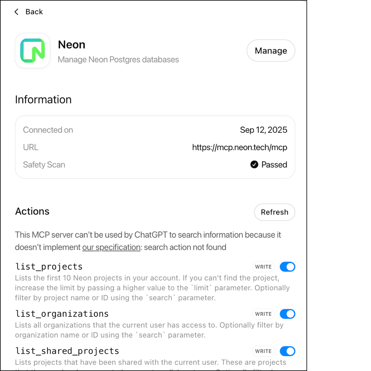 ChatGPT with Neon MCP tools enabled