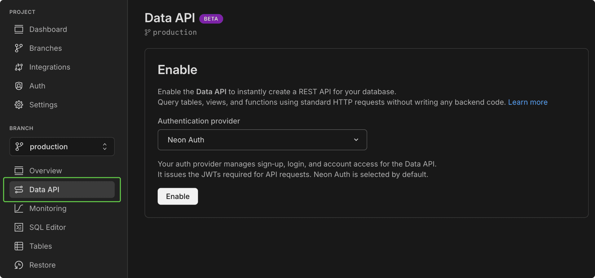 Data API page with enable button