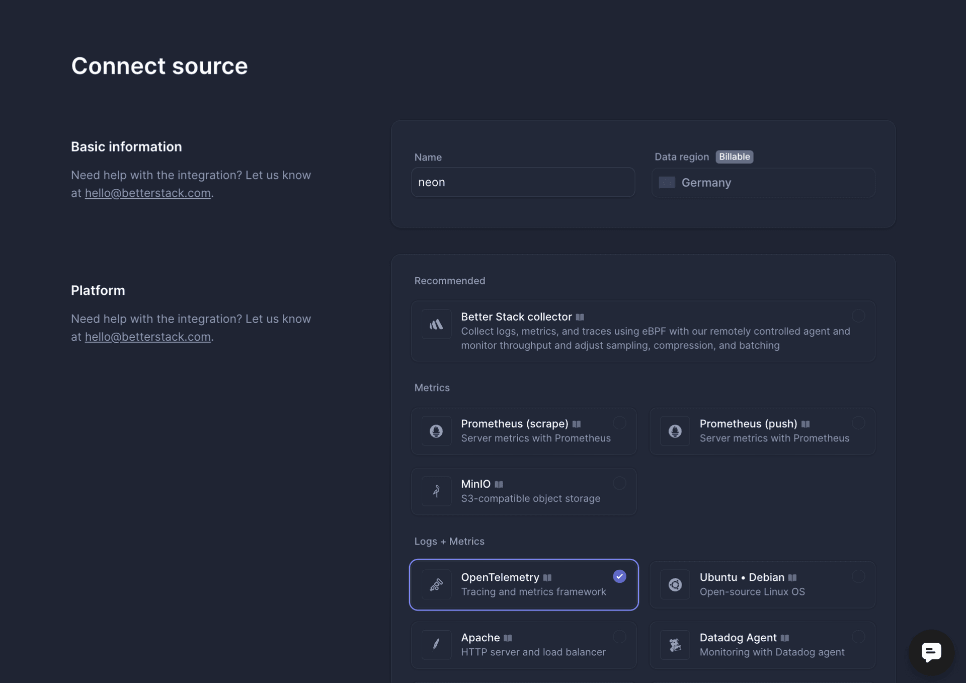 Configuring the OpenTelemetry source in Better Stack