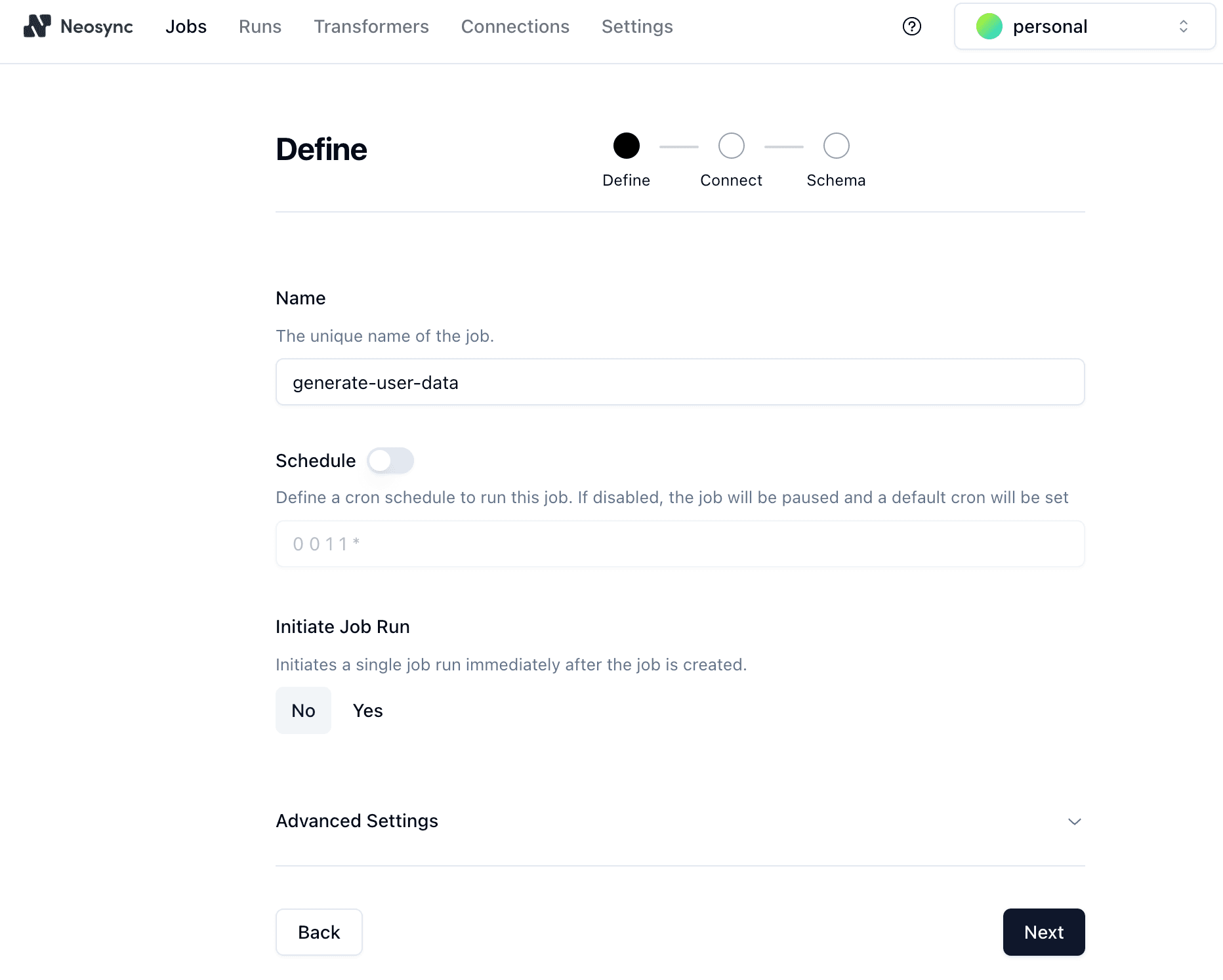 Define Neosync job definition